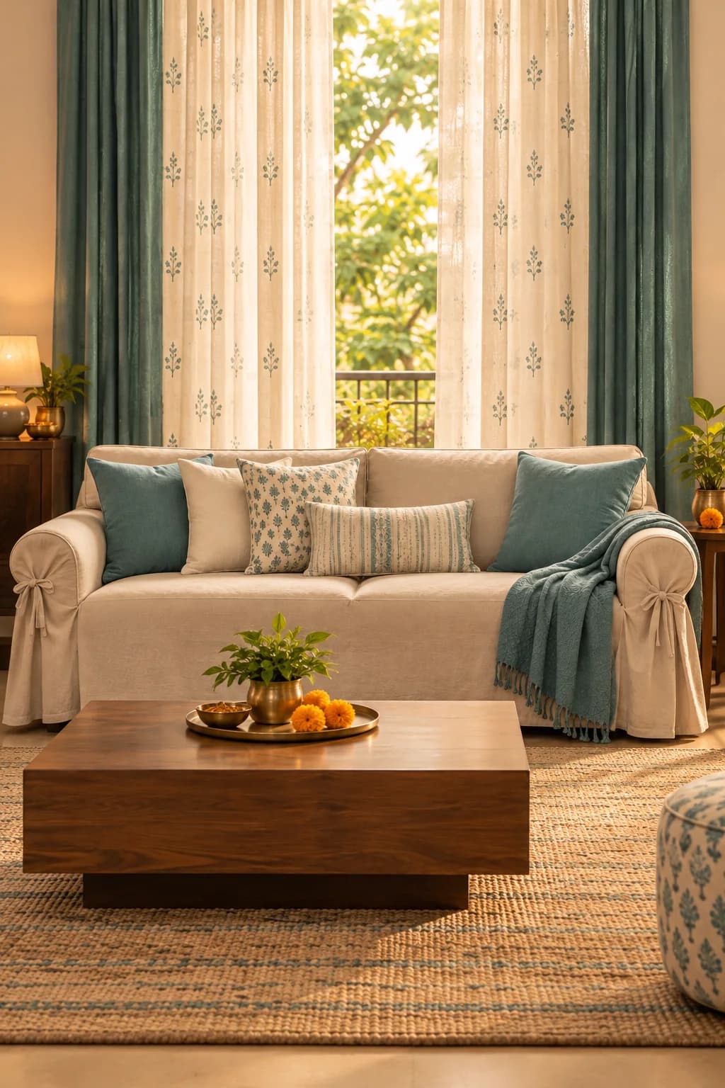 Fresh curtains and removable sofa covers in a softly decorated festive living room