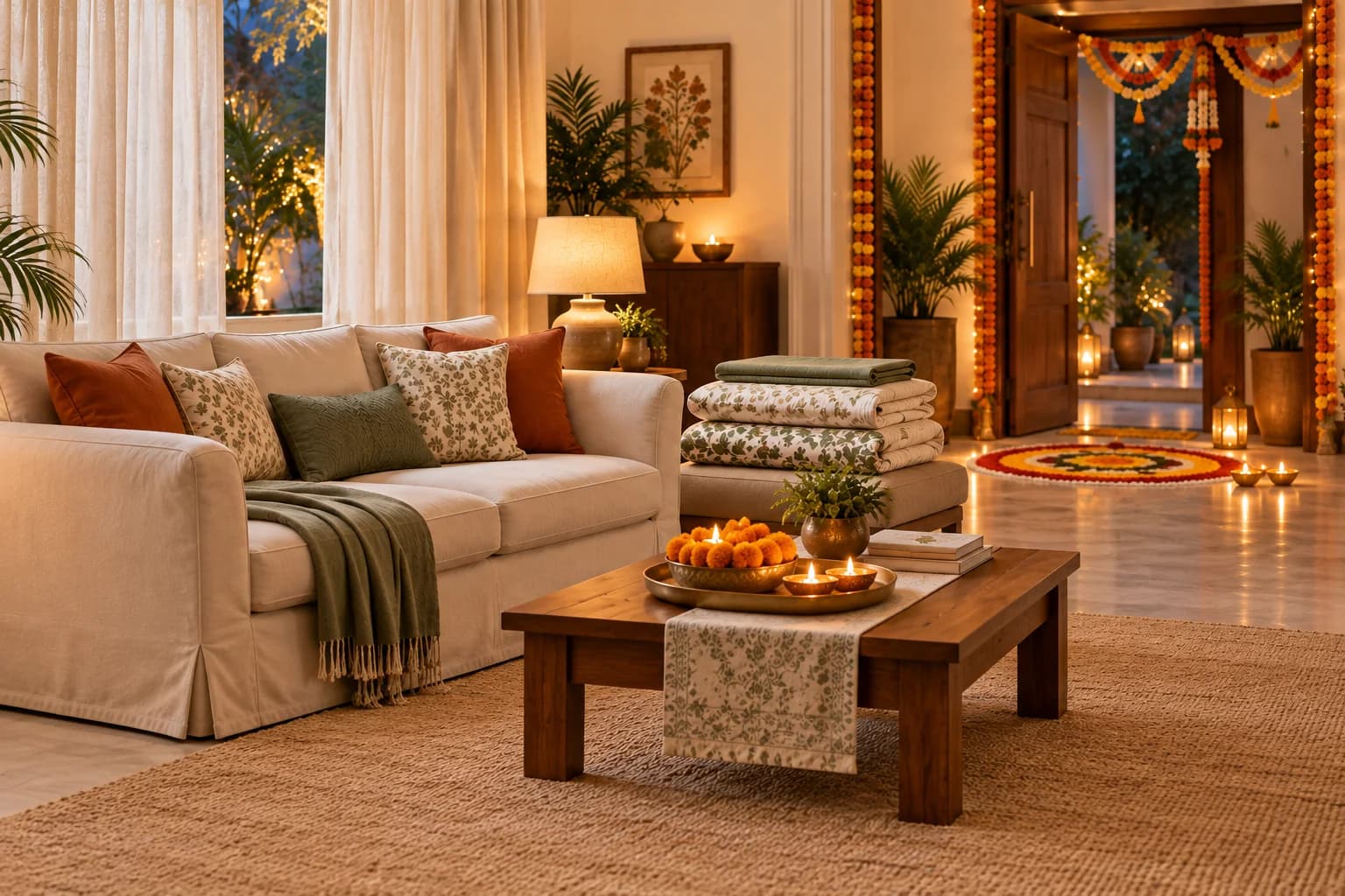 Festive-ready living room with clean curtains, removable sofa covers, folded bedding and a rug