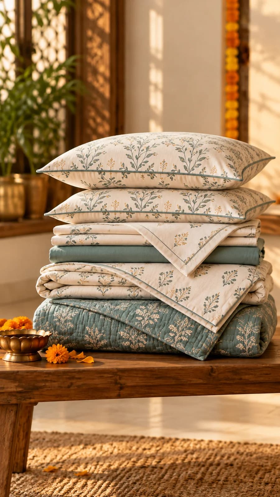 Folded bedsheets, pillow covers and a quilt prepared for festive guests