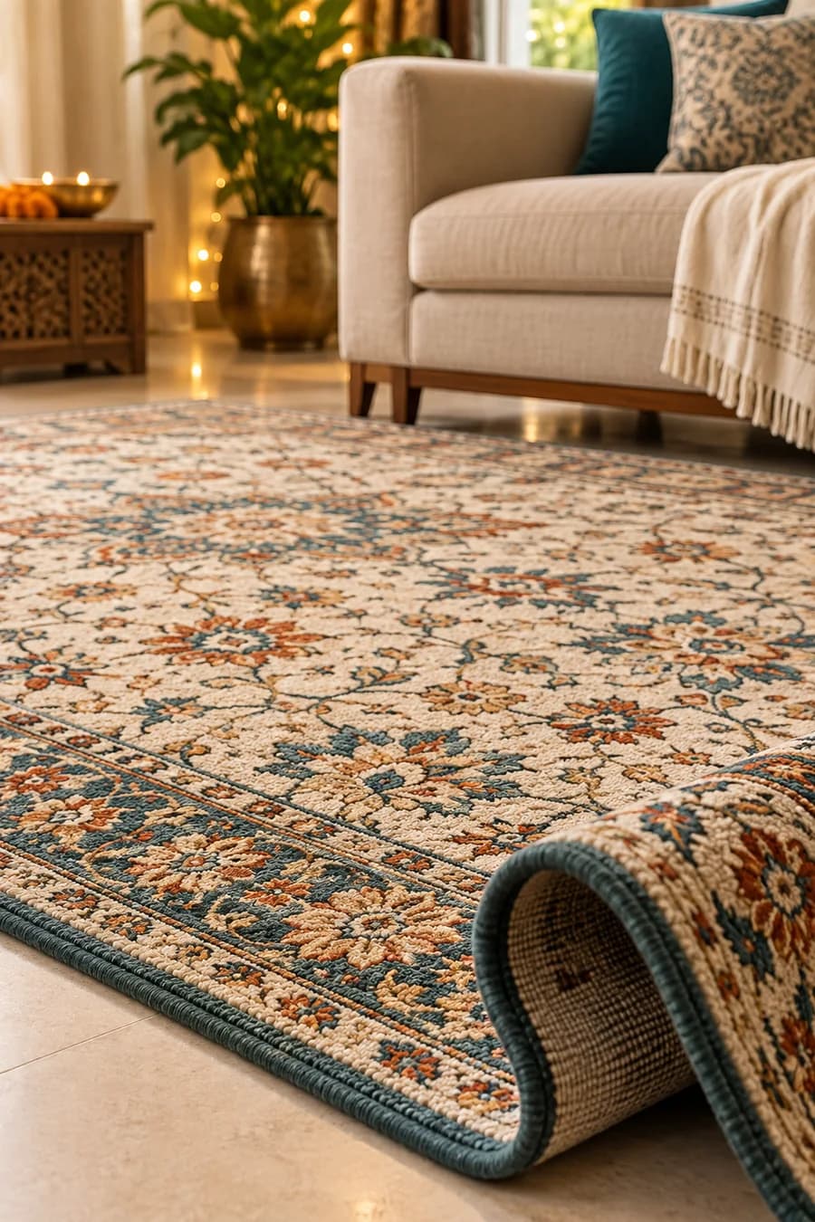 Clean patterned rug with finished edges in a subtly festive living room