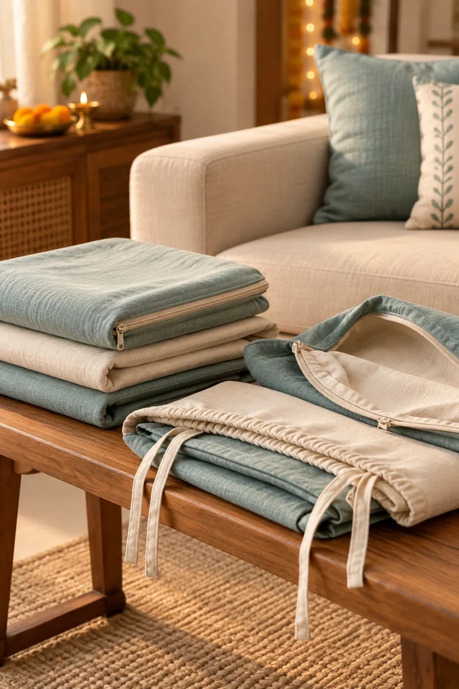 Removable sofa and cushion covers folded after fabric care